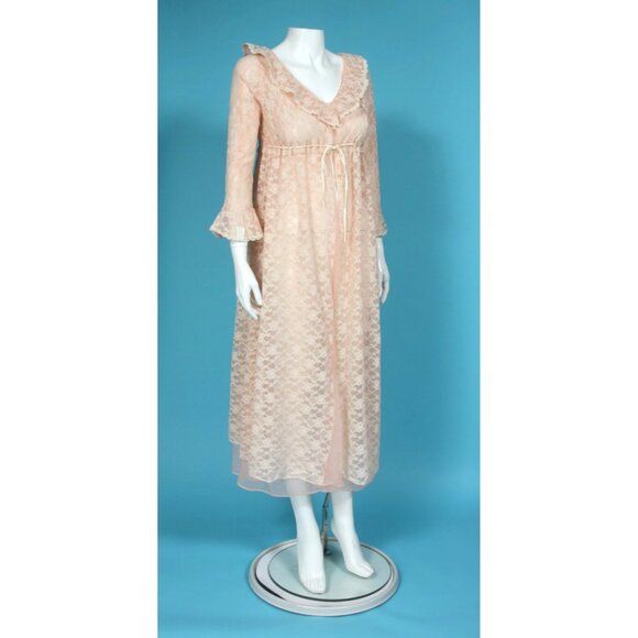 New Ro-Vel Vintage Pink Lace Peignoir Ruffle Front Tie Robe Negligee sz M /285 - Picture 3 of 7